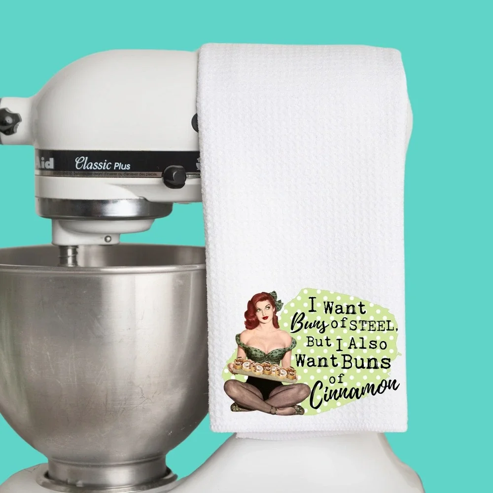 Retro Pinup Girl Waffle Weave Kitchen Towel Buns of Steel Cinnamon White Humor